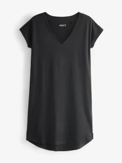 Zwart - 100% katoenen mini-jurk met V-hals en kapmouwtjes