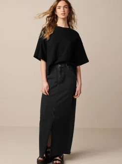 Zwart - Boxy oversized T-shirt met relaxte pasvorm van zware stof en ronde hals