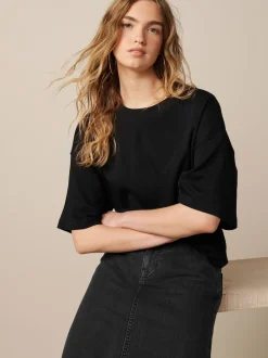 Zwart - Boxy oversized T-shirt met relaxte pasvorm van zware stof en ronde hals
