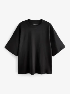 Zwart - Boxy oversized T-shirt met relaxte pasvorm van zware stof en ronde hals