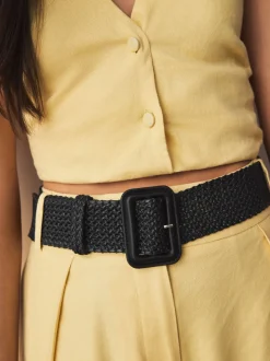 Zwart - Brede riem met raffia-effect