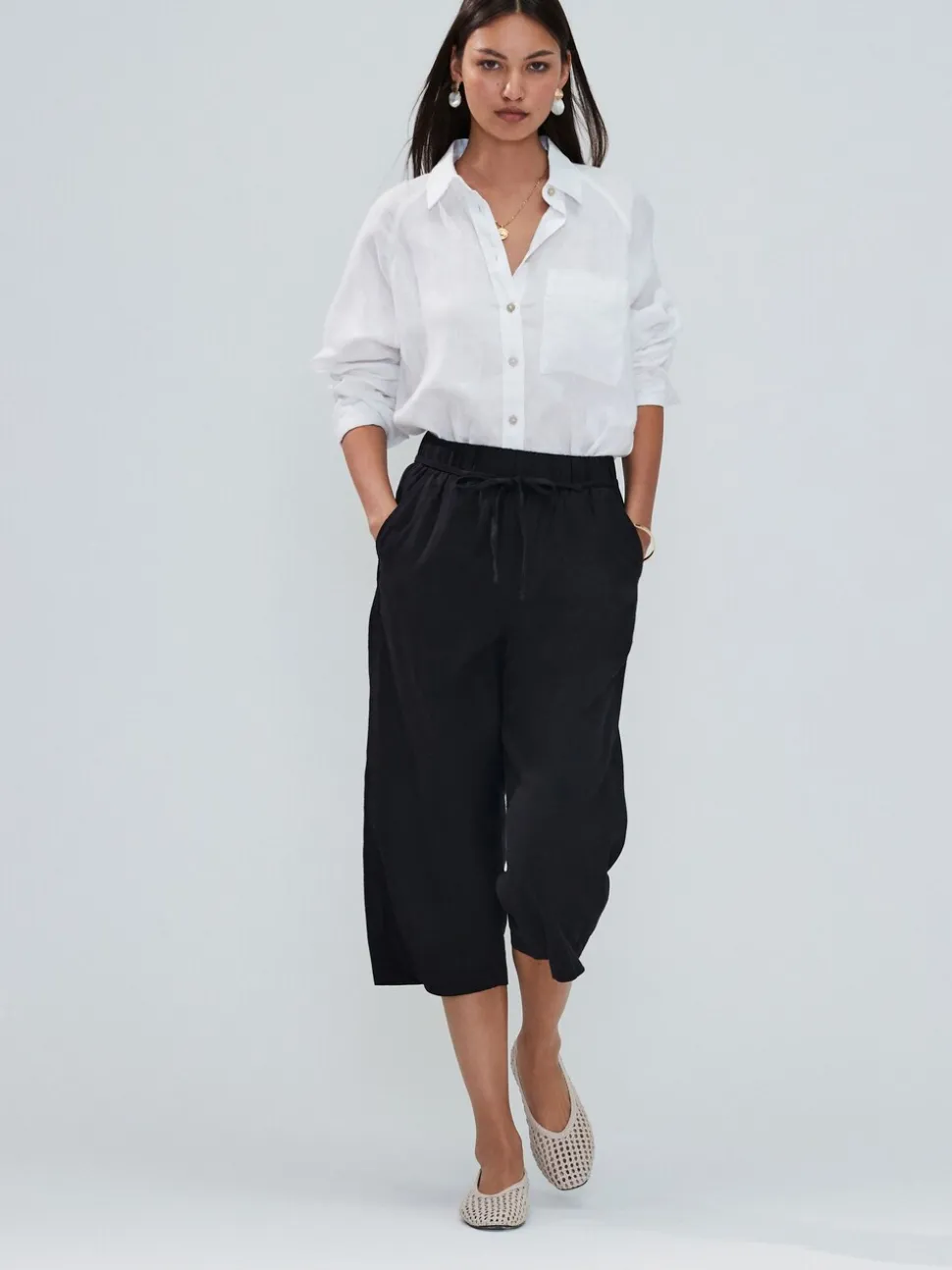 Zwart - Culottes van linnenmix met taillekoord
