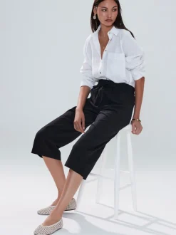 Zwart - Culottes van linnenmix met taillekoord