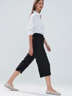 Zwart - Culottes van linnenmix met taillekoord
