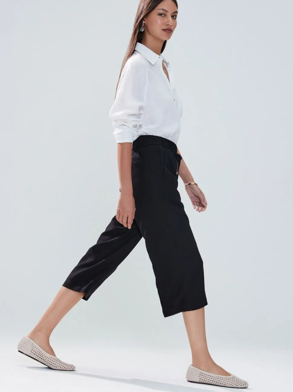 Zwart - Culottes van linnenmix met taillekoord