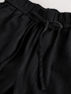 Zwart - Culottes van linnenmix met taillekoord