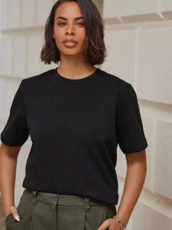 Zwart - Dik T-shirt met ronde hals en korte mouwen