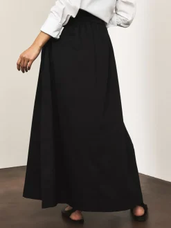 Zwart - Elastic Waist Cotton Blend Midi Skirt