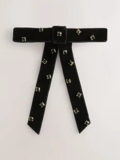 Zwart - Embellished Velvet Bow Hair Barrette