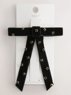 Zwart - Embellished Velvet Bow Hair Barrette