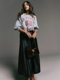 Zwart - Faux Leather Midi Kilt Skirt