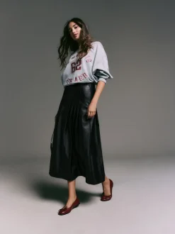 Zwart - Faux Leather Midi Kilt Skirt