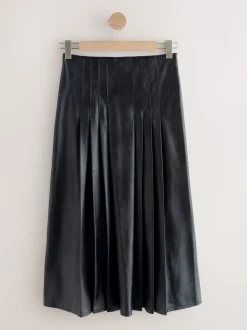 Zwart - Faux Leather Midi Kilt Skirt