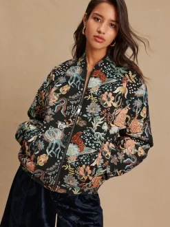 Zwart - Floral Jacquard Bomber Jacket