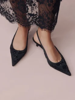 Zwart - Forever Comfort satijnen slingbacks met kralen en hakje