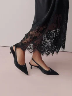 Zwart - Forever Comfort satijnen slingbacks met kralen en hakje
