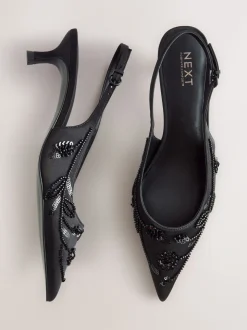 Zwart - Forever Comfort satijnen slingbacks met kralen en hakje