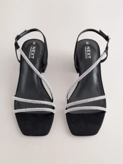 Zwart - Forever Comfort Square Toe Jewelled Strappy Block Heeled Sandals