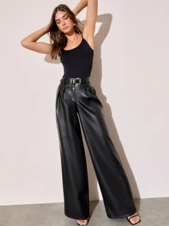 Zwart - Friends Like These Faux Leather Pleated Wide Leg Trousers