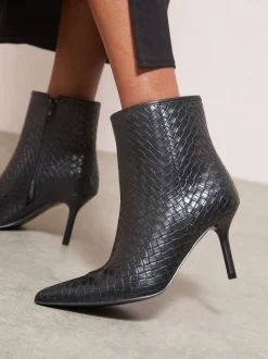Zwart - Friends Like These Faux Leather Mid Heel Smart Point Toe Woven Ankle Boots
