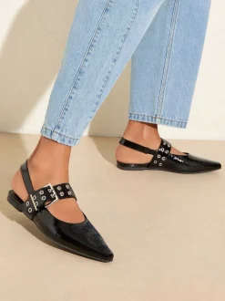 Zwart - Friends Like These Buckle Slingback Pointed Toe Faux Patent Leather Ballerina Shoes