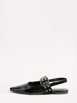 Zwart - Friends Like These Buckle Slingback Pointed Toe Faux Patent Leather Ballerina Shoes