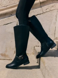Zwart - Friends Like These Knee High Buckle Rider Faux Leather Long Boots
