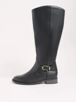 Zwart - Friends Like These Knee High Buckle Rider Faux Leather Long Boots