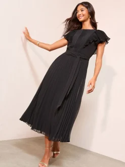 Zwart - Friends Like These Chiffon Pleated Lace Insert Midi Dress