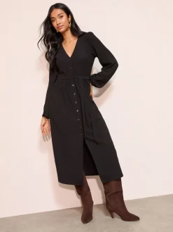 Zwart - Friends Like These - Getextureerde midi-jurk met lange mouwen, strikceintuur en knoopsluiting