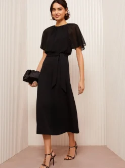 Zwart - Friends Like These scuba chiffon midi-jurk met fladdermouwen