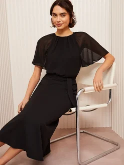 Zwart - Friends Like These scuba chiffon midi-jurk met fladdermouwen