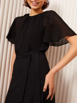 Zwart - Friends Like These scuba chiffon midi-jurk met fladdermouwen