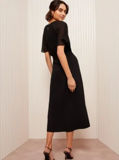 Zwart - Friends Like These scuba chiffon midi-jurk met fladdermouwen