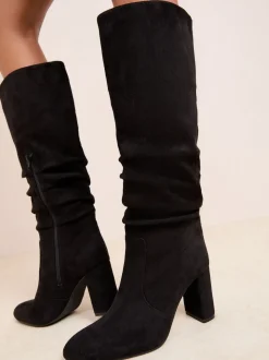 Zwart - Friends Like These Ruched Block Heel Knee High Long Faux Suede Boots