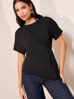 Zwart - Friends Like These Pleated Waist Detail Short Sleeve Blouse