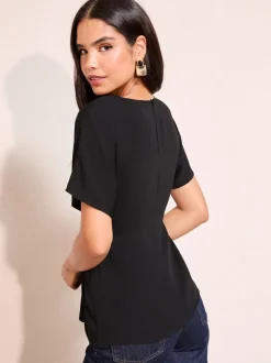 Zwart - Friends Like These Pleated Waist Detail Short Sleeve Blouse