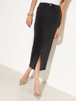 Zwart - Friends Like These - Denim midirok met split in de voorkant