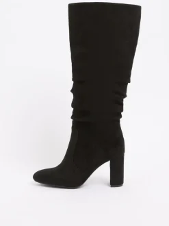 Zwart - Friends Like These Ruched Block Heel Knee High Long Faux Suede Boots