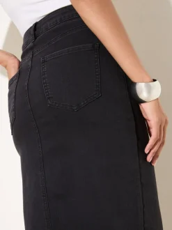 Zwart - Friends Like These - Denim midirok met split in de voorkant