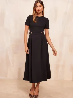 Zwart - Friends Like These Getailleerde midi-jurk met tabdetail en korte mouwen