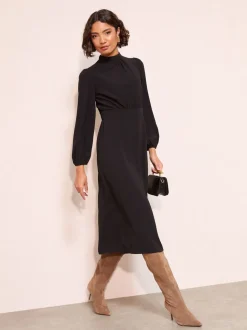 Zwart - Friends Like These Midi-jurk met opstaande kraag en lange mouwen en strikdetail