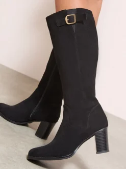 Zwart - Friends Like These Standard / Wide Fit Faux Suede Mid Heel Buckle Smart Knee High Boots