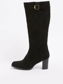 Zwart - Friends Like These Standard / Wide Fit Faux Suede Mid Heel Buckle Smart Knee High Boots