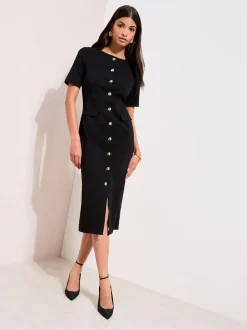 Zwart - Friends Like These Sculpting Stretch Button Midi Dress