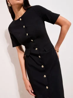 Zwart - Friends Like These Sculpting Stretch Button Midi Dress