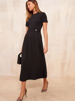 Zwart - Friends Like These Getailleerde midi-jurk met tabdetail en korte mouwen