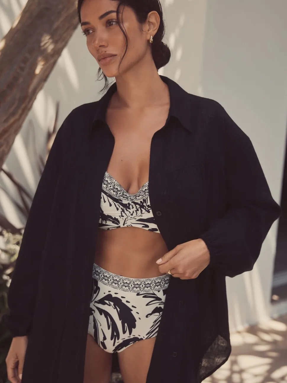 Zwart - Gathered Waist Kaftan Cover-Up With Linen