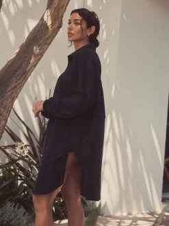 Zwart - Gathered Waist Kaftan Cover-Up With Linen