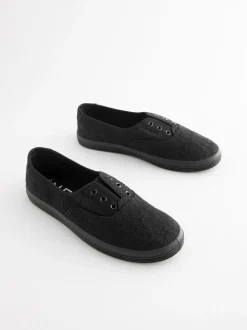 Zwart - Geborduurde veterloze canvas instapsneakers
